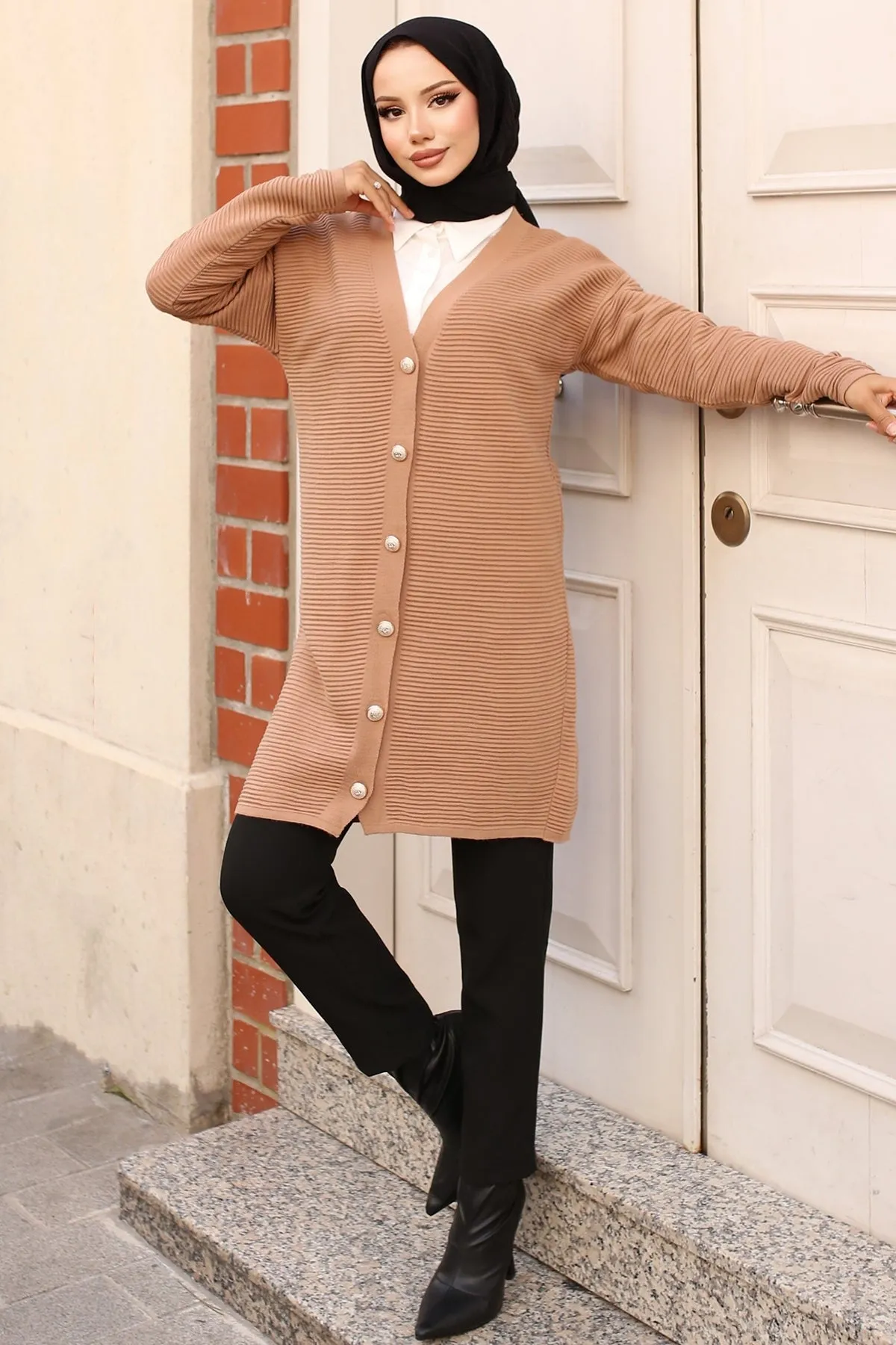 BNG Women Button Detailed Ribbed Cardigan Mink - Clermont