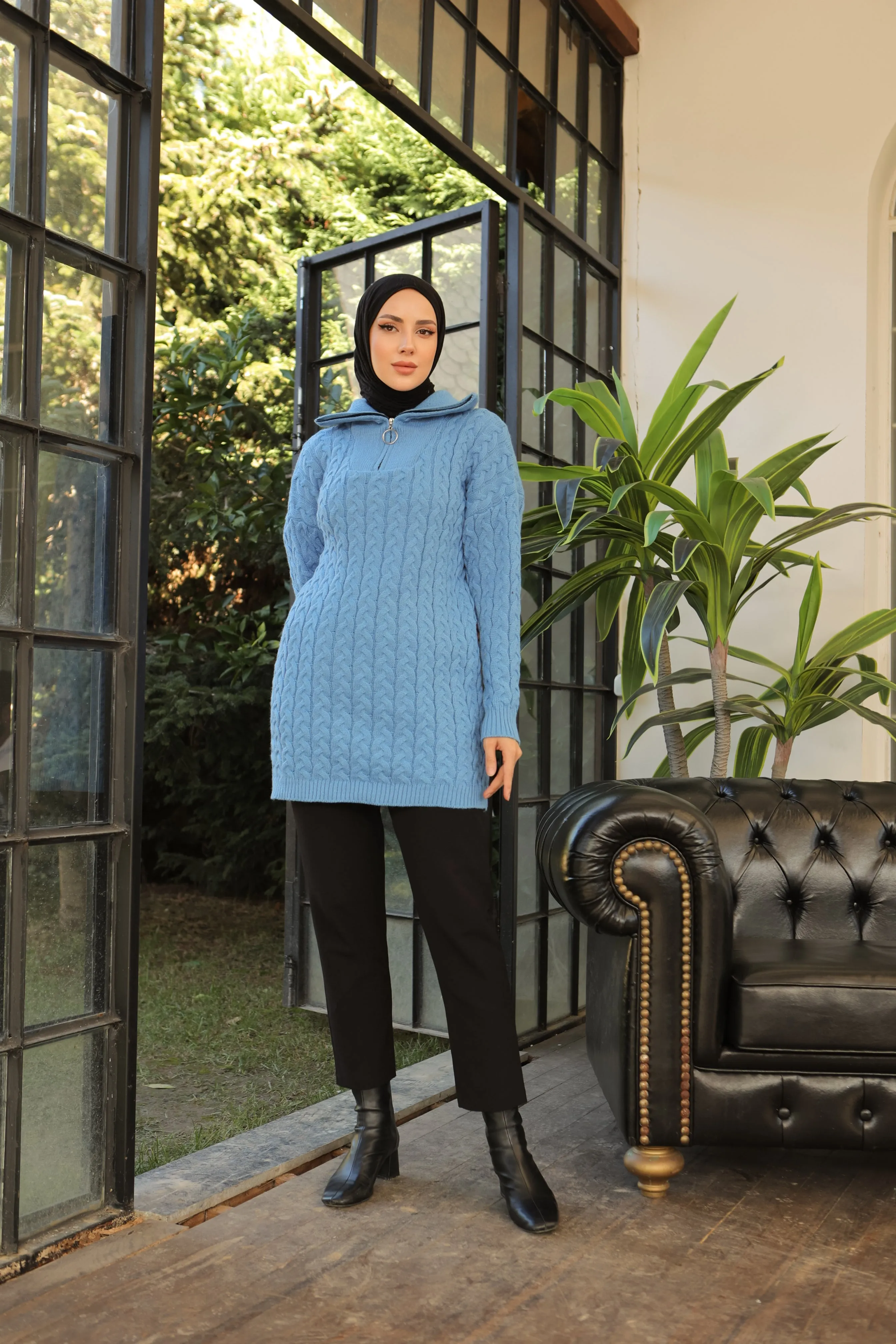 BNG Women Neck Zippered Knitted Patterned Sweater Blue - Clermont