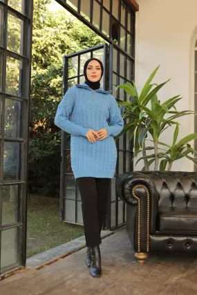 BNG Women Neck Zippered Knitted Patterned Sweater Blue - Clermont