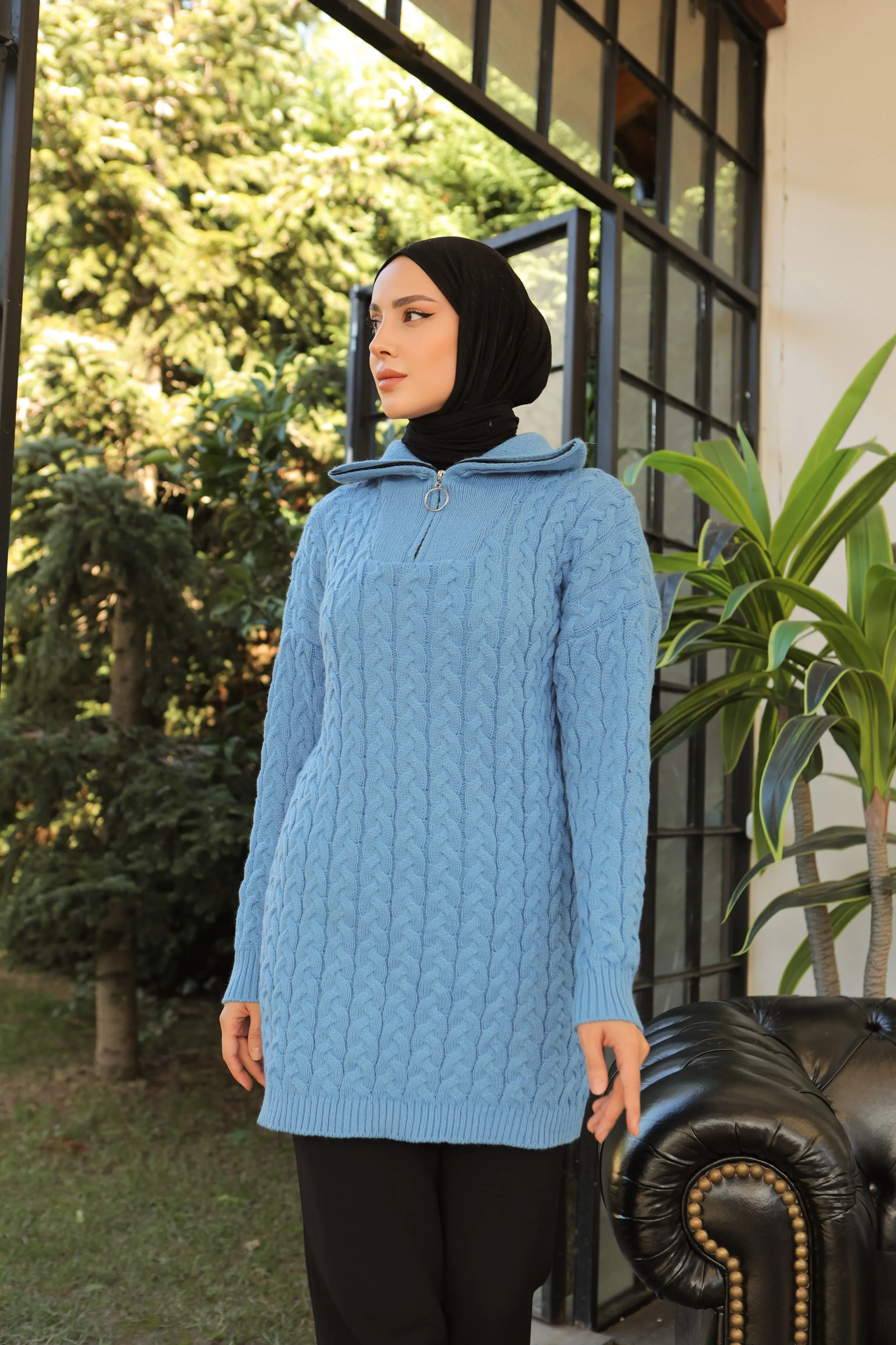 BNG Women Neck Zippered Knitted Patterned Sweater Blue - Clermont