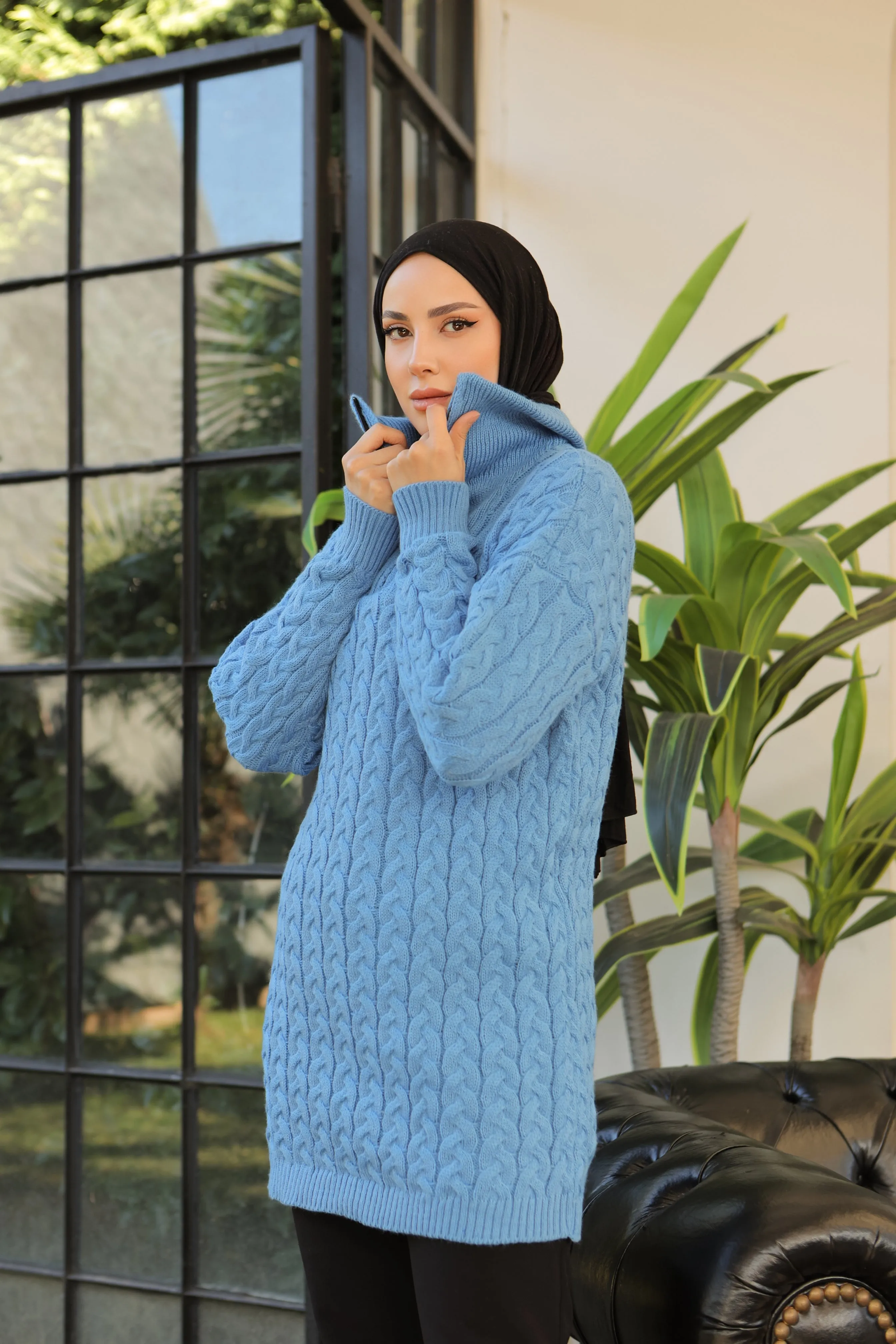 BNG Women Neck Zippered Knitted Patterned Sweater Blue - Clermont