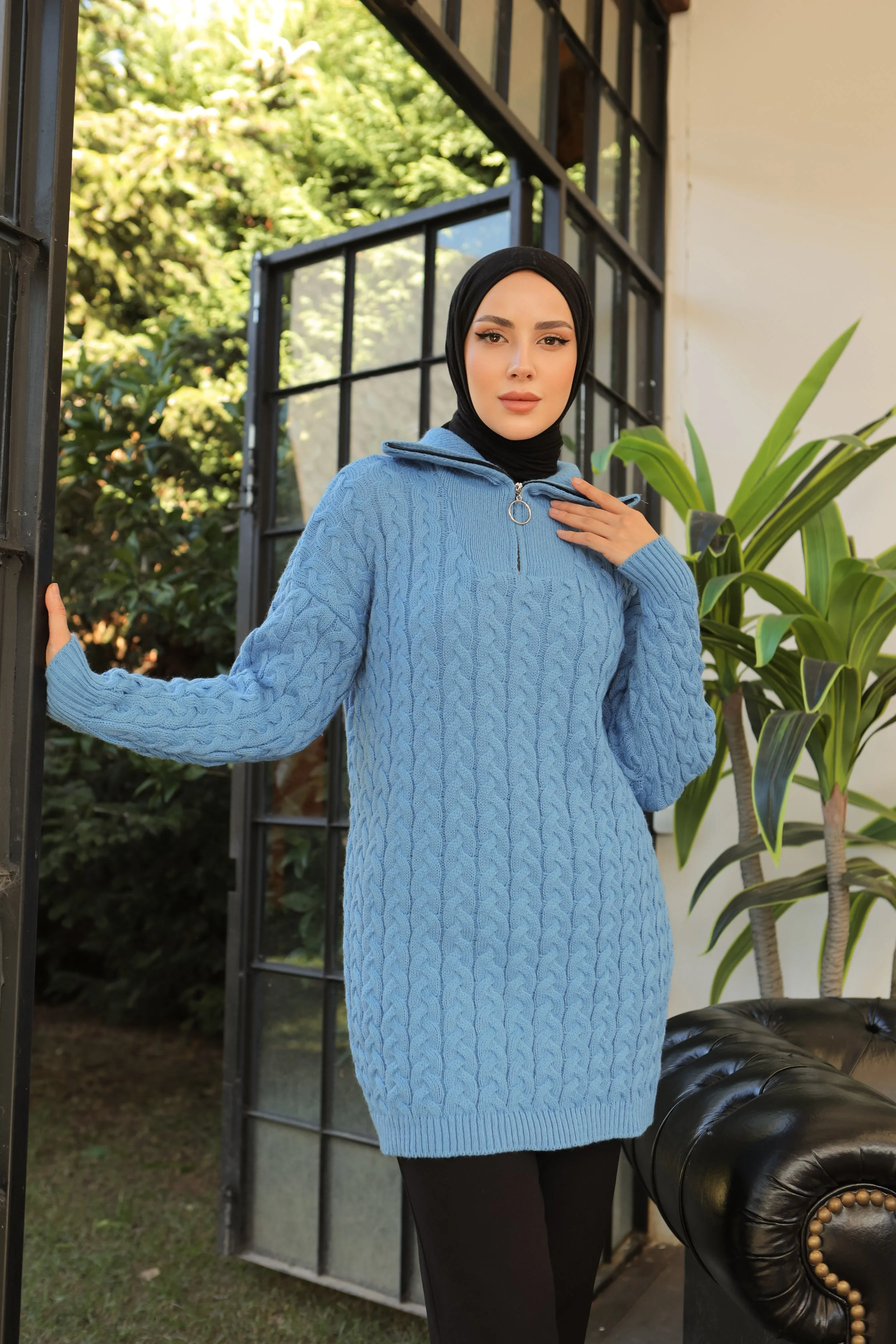 BNG Women Neck Zippered Knitted Patterned Sweater Blue - Clermont