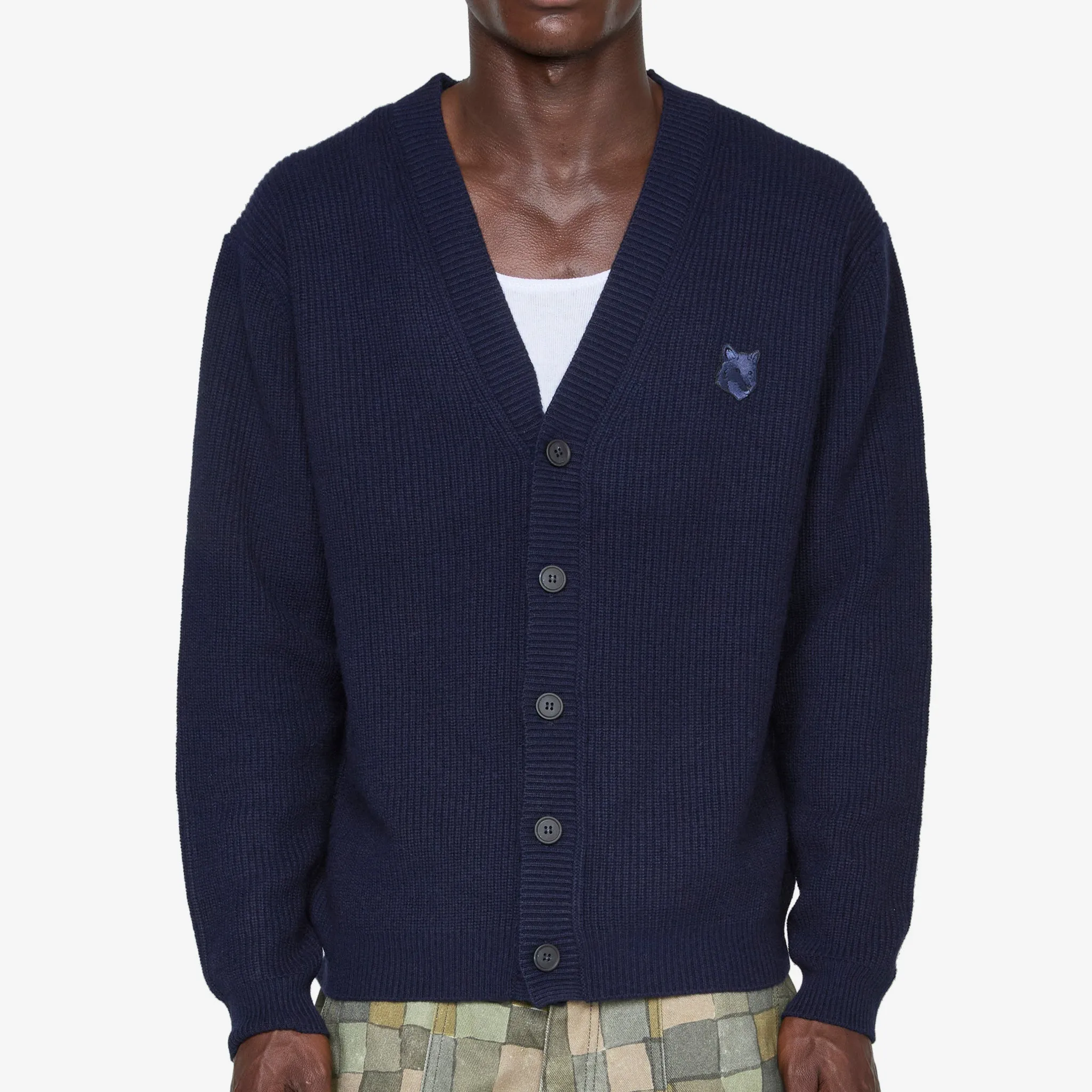 Bold Fox Head Patch Comfort Ribbed Cardigan Ink Blue