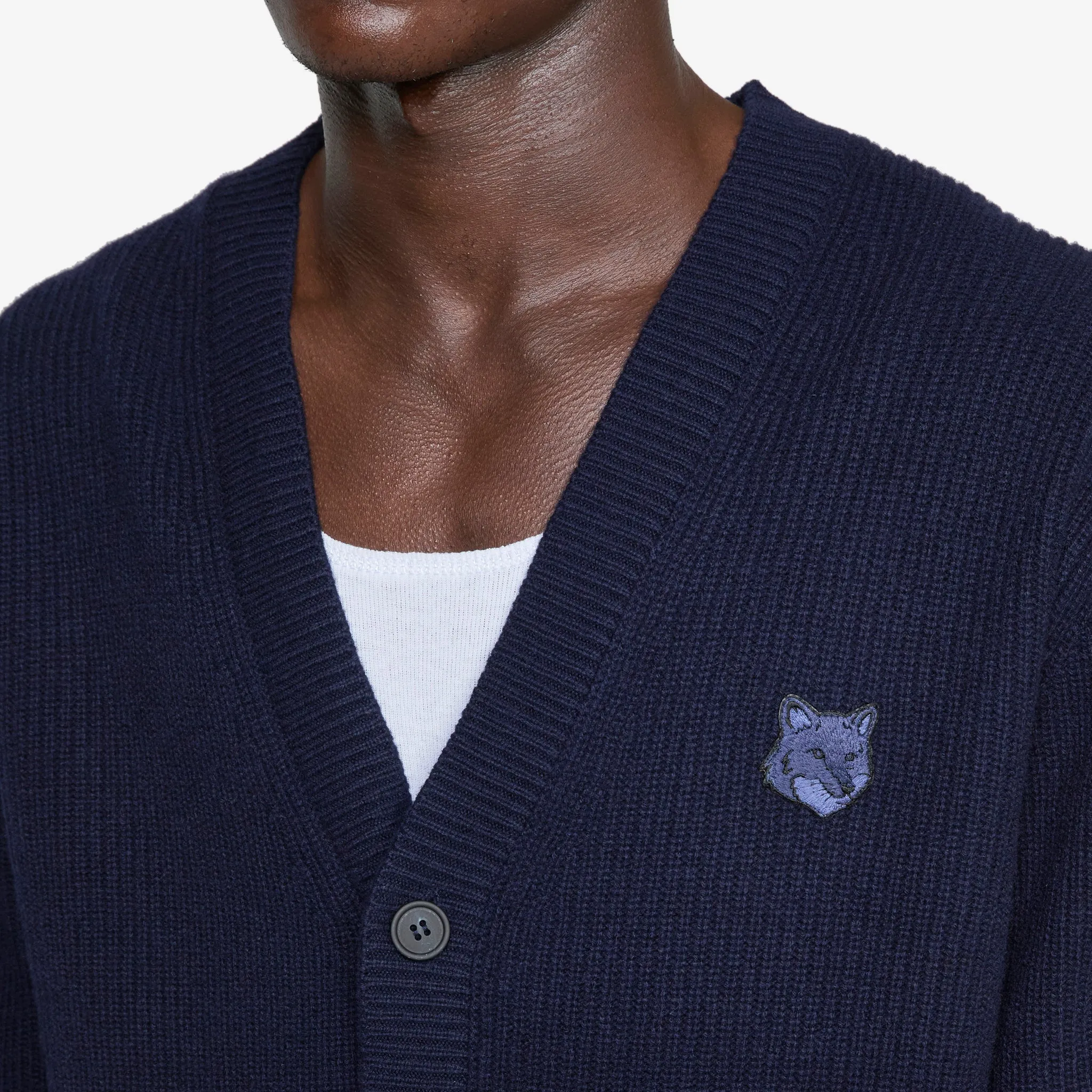 Bold Fox Head Patch Comfort Ribbed Cardigan Ink Blue