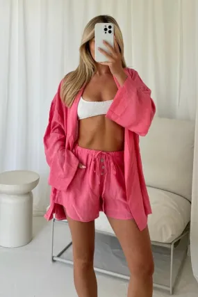 Cassandra pink linen tie waist shirt short co-ord
