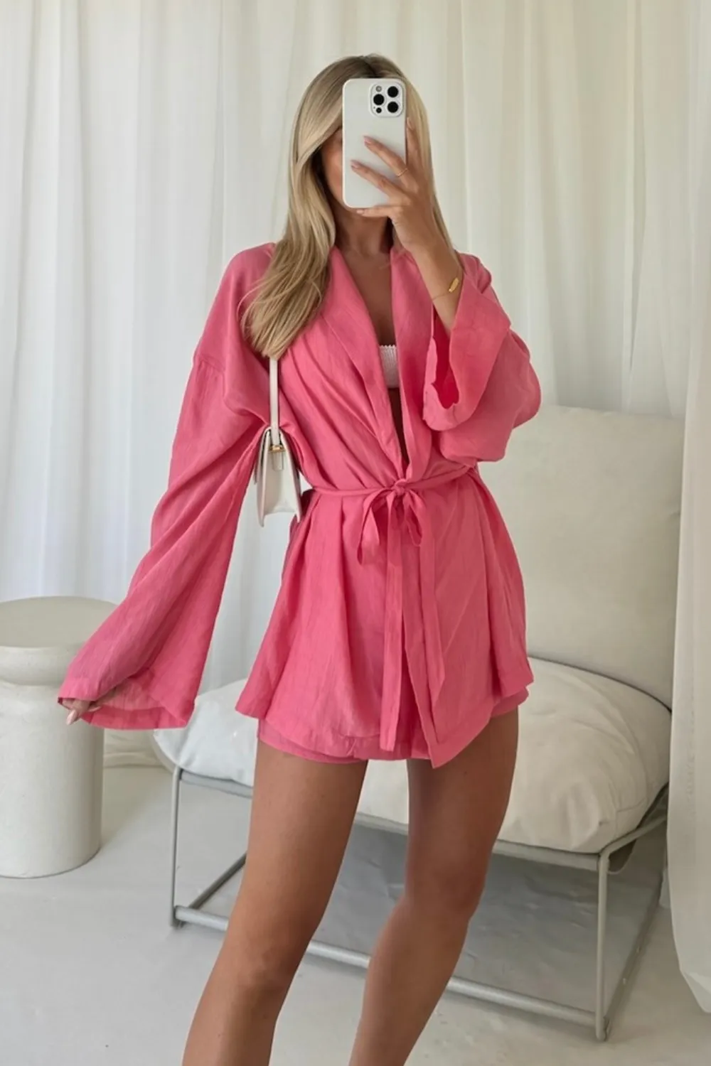 Cassandra pink linen tie waist shirt short co-ord