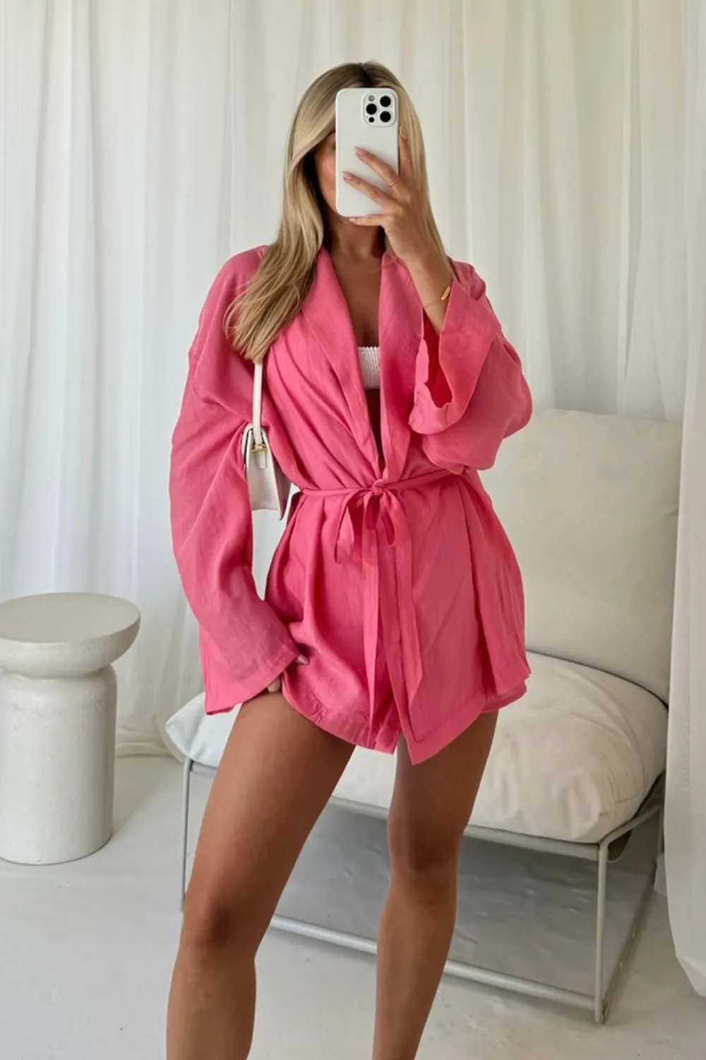 Cassandra pink linen tie waist shirt short co-ord