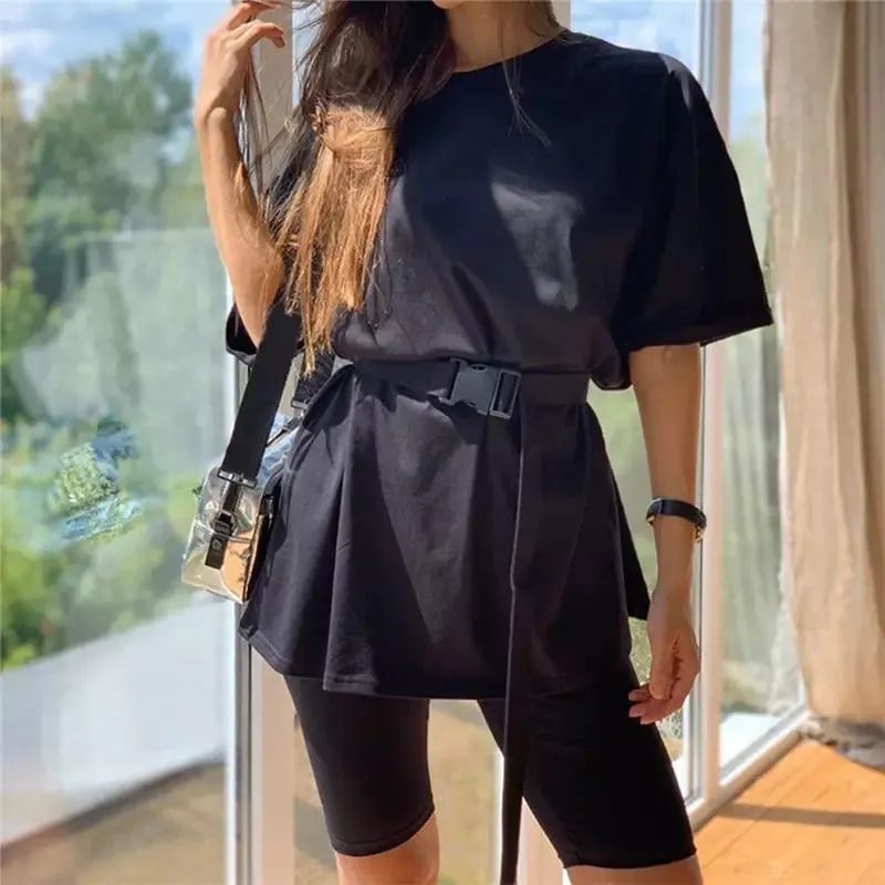 Casual Comfy belted 2 piece biker shorts oversize top set