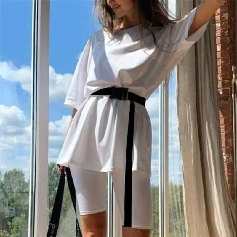 Casual Comfy belted 2 piece biker shorts oversize top set