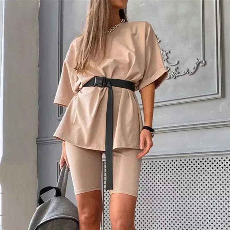 Casual Comfy belted 2 piece biker shorts oversize top set