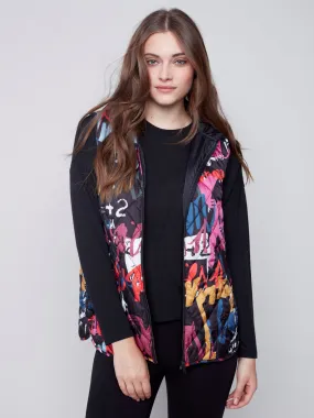 Charlie B Hooded Short Sleeveless Quilted Vest with Side Buttons