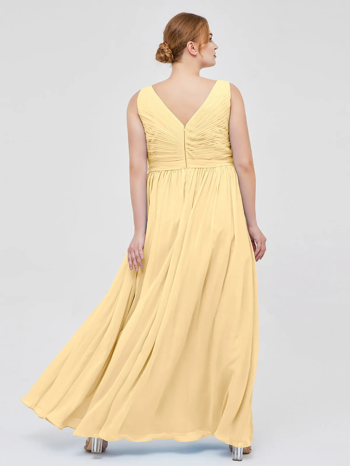 Chiffon V-neck Dress with Cascade Skirt Gold