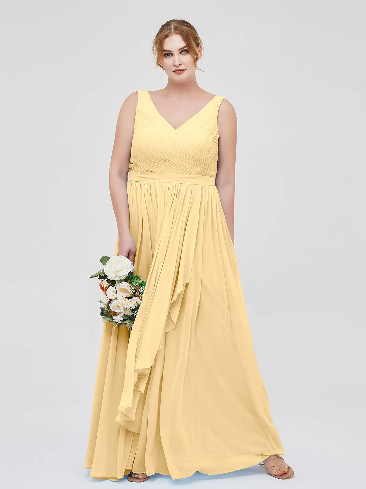 Chiffon V-neck Dress with Cascade Skirt Gold