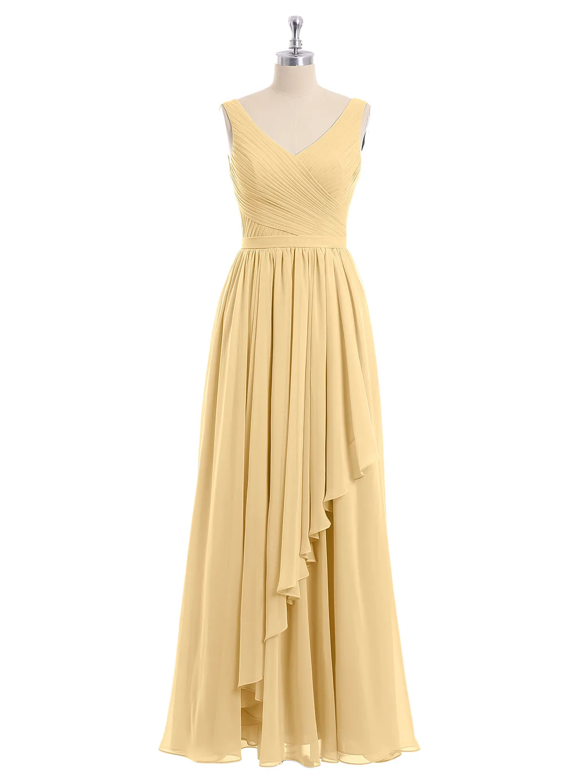 Chiffon V-neck Dress with Cascade Skirt Gold