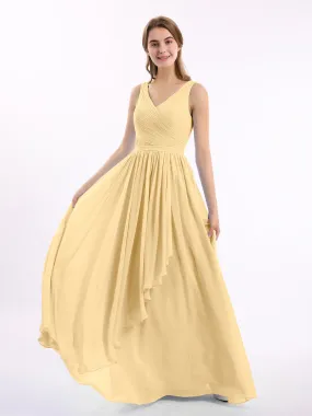 Chiffon V-neck Dress with Cascade Skirt Gold