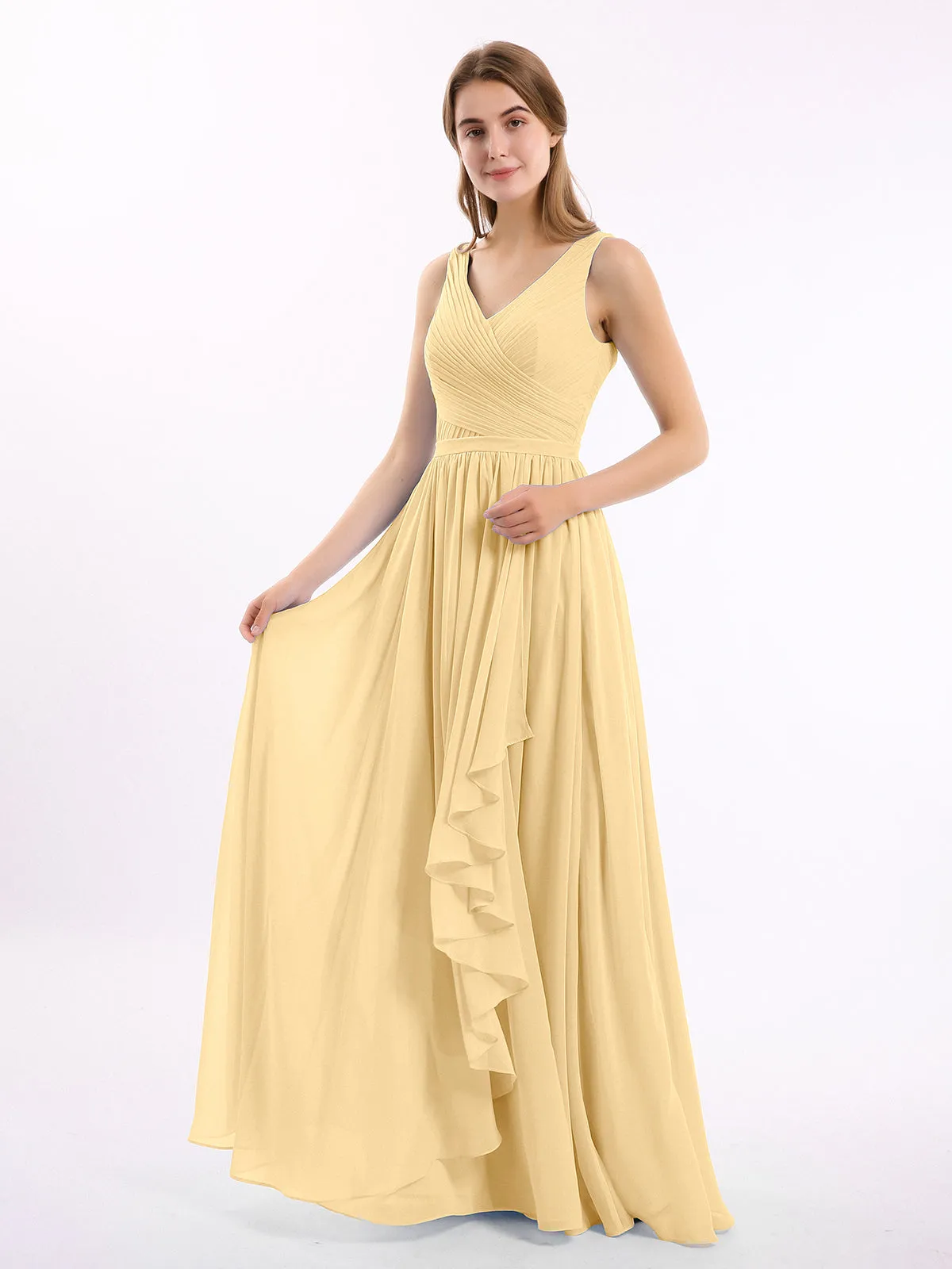 Chiffon V-neck Dress with Cascade Skirt Gold
