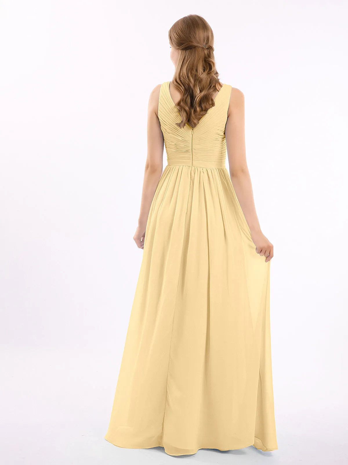 Chiffon V-neck Dress with Cascade Skirt Gold