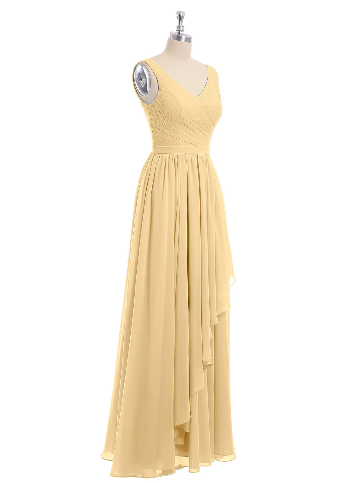 Chiffon V-neck Dress with Cascade Skirt Gold