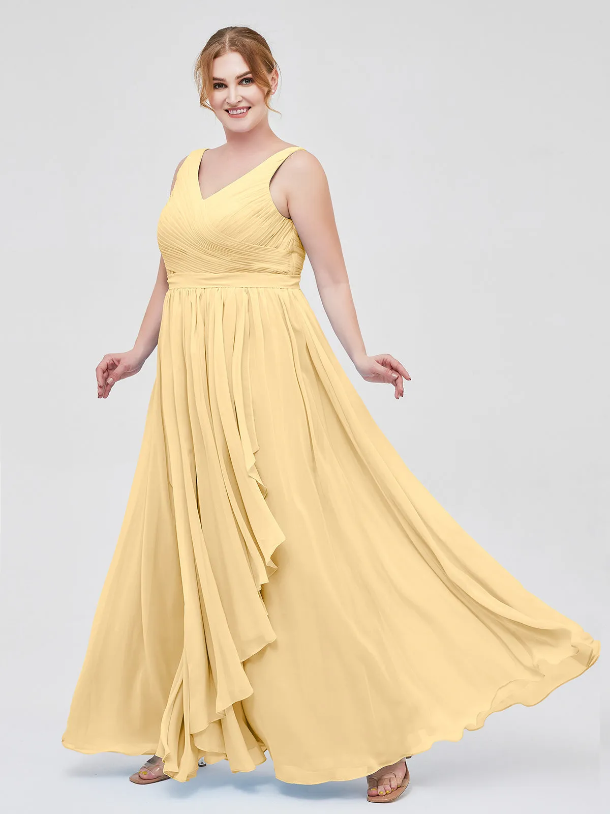Chiffon V-neck Dress with Cascade Skirt Gold