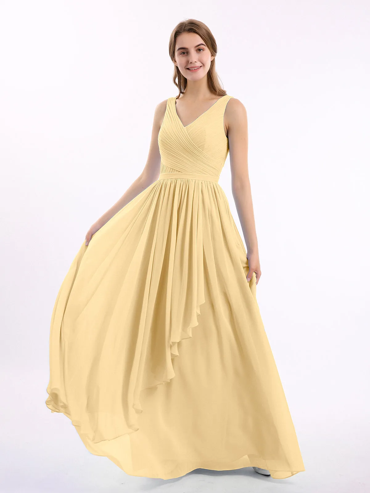 Chiffon V-neck Dress with Cascade Skirt Gold