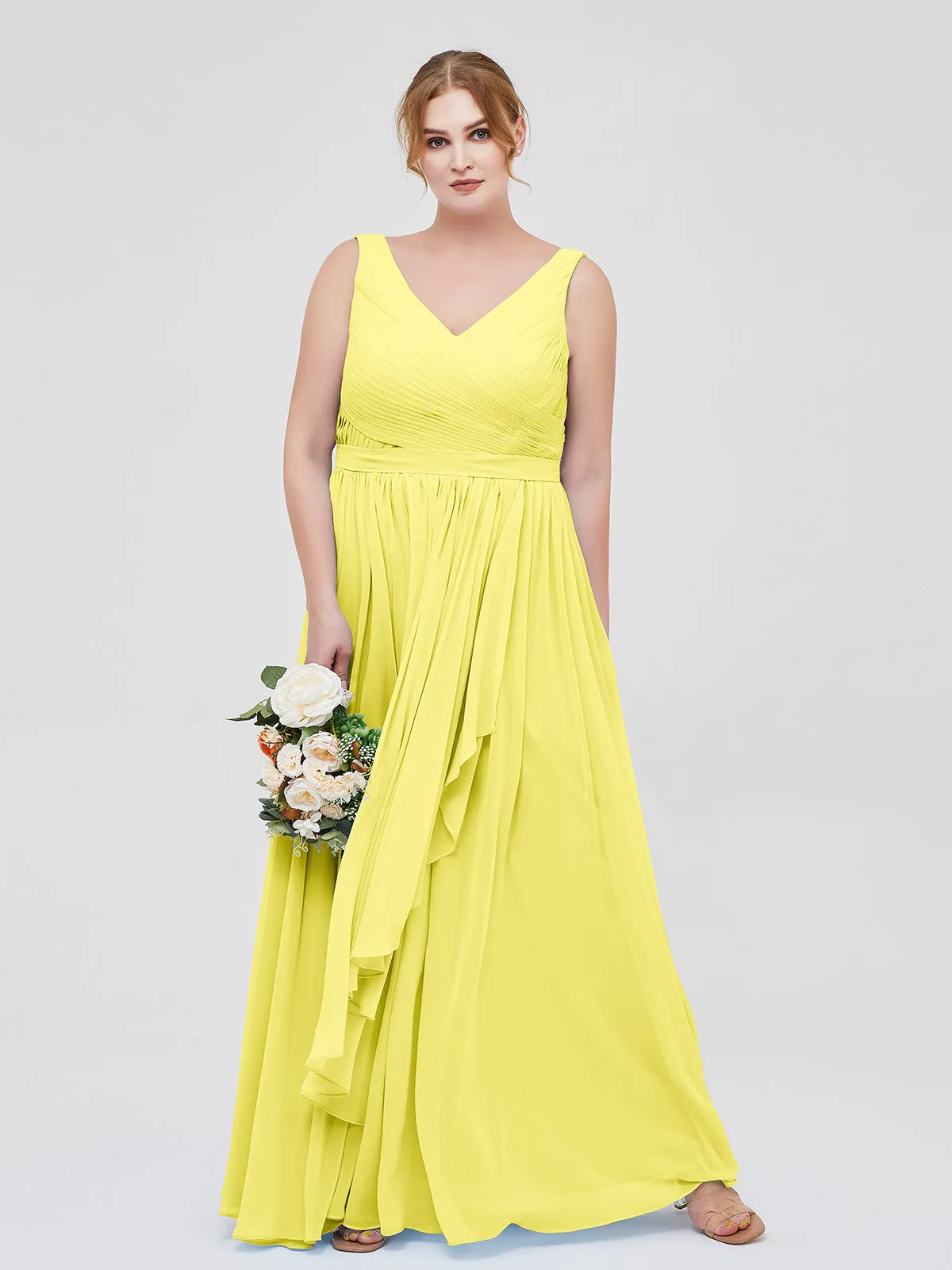 Chiffon V-neck Dress with Cascade Skirt Lemon