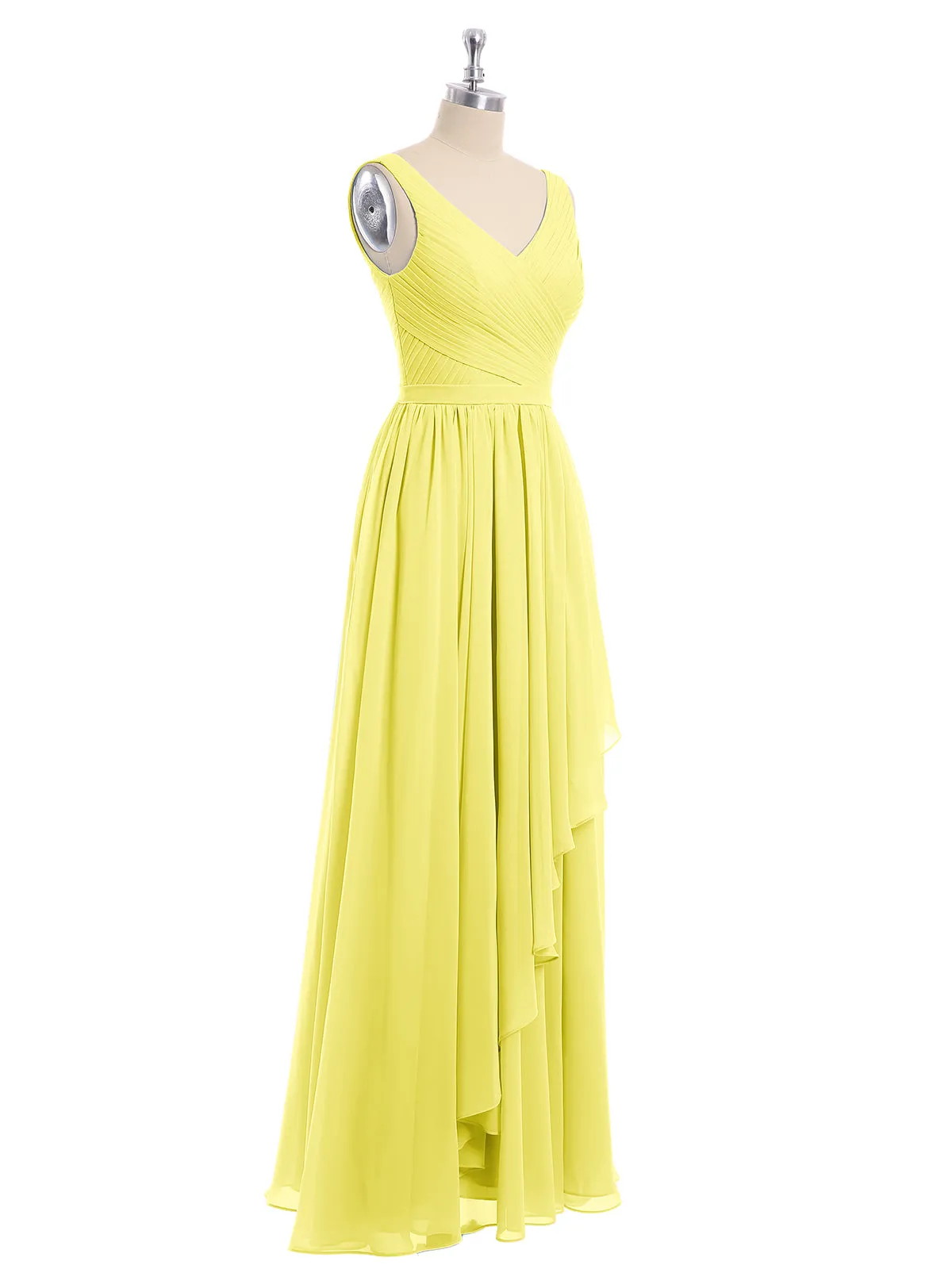 Chiffon V-neck Dress with Cascade Skirt Lemon