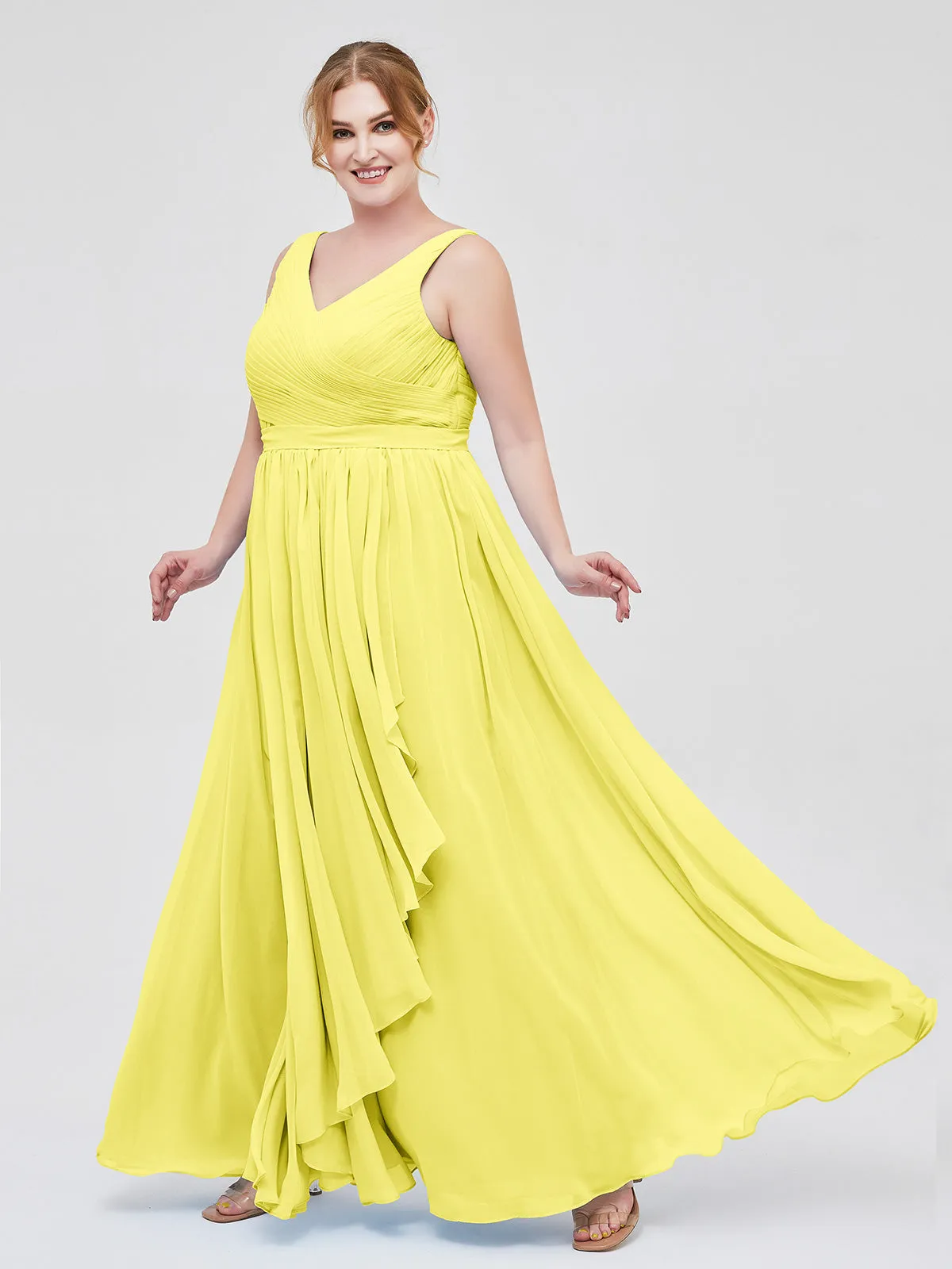 Chiffon V-neck Dress with Cascade Skirt Lemon
