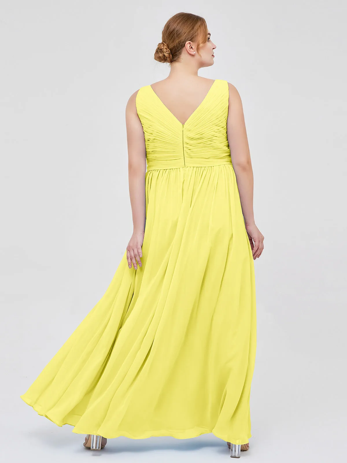 Chiffon V-neck Dress with Cascade Skirt Lemon