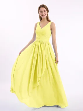 Chiffon V-neck Dress with Cascade Skirt Lemon