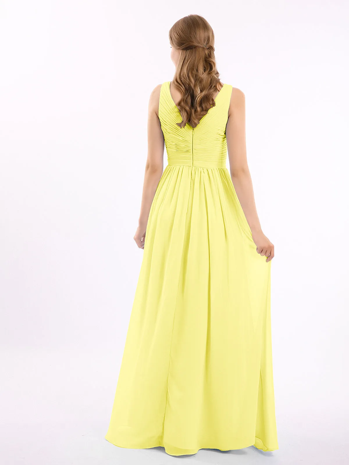 Chiffon V-neck Dress with Cascade Skirt Lemon