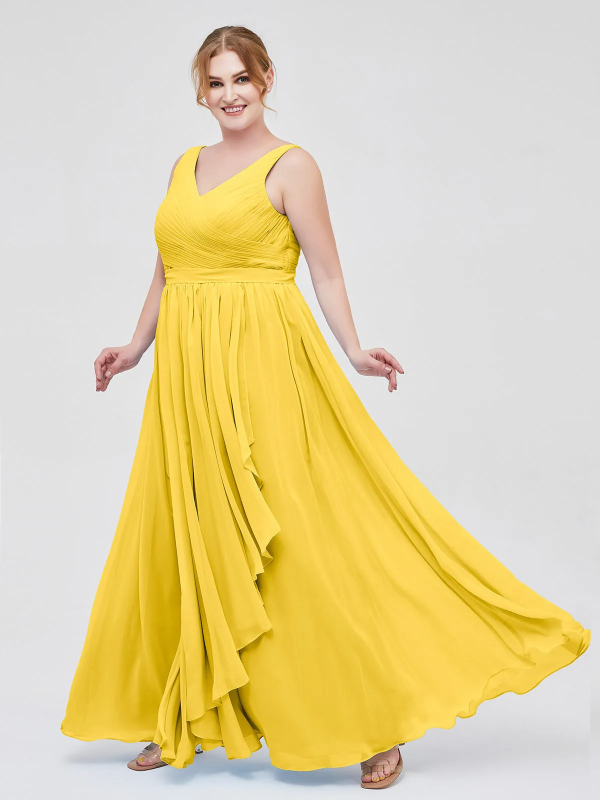 Chiffon V-neck Dress with Cascade Skirt Marigold
