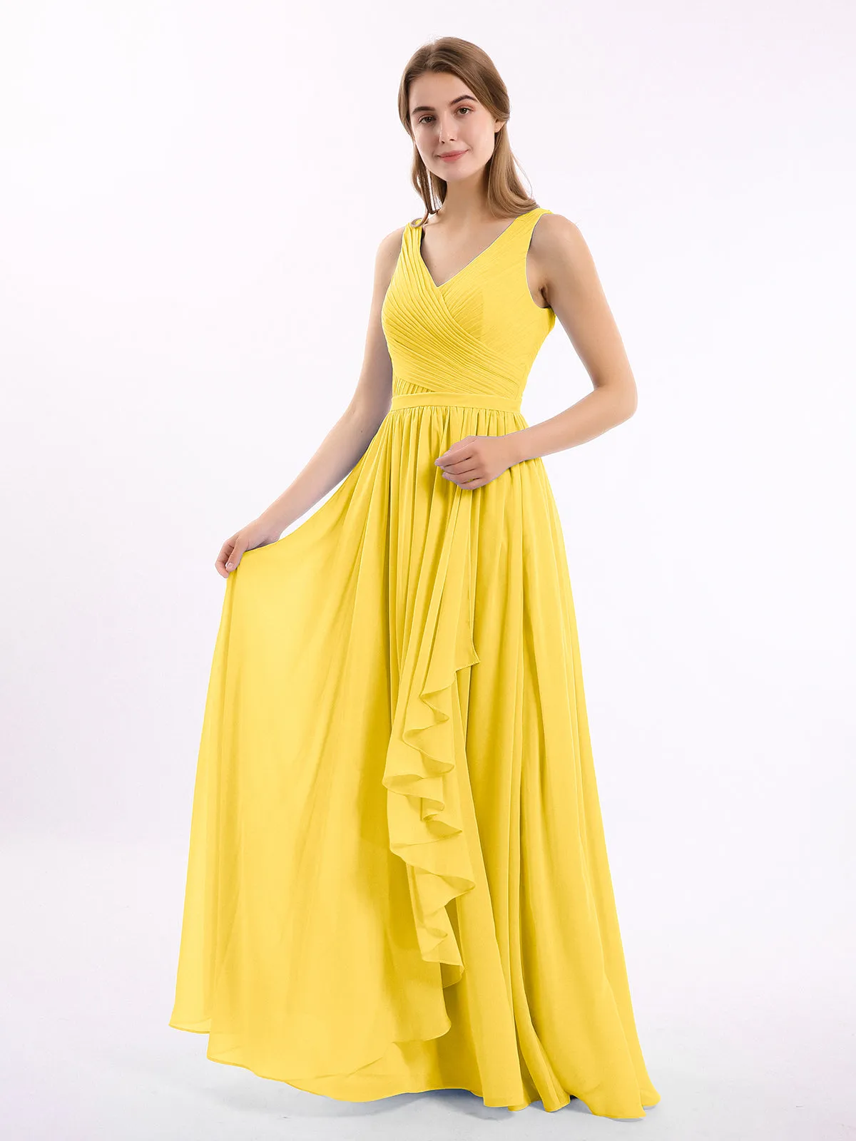 Chiffon V-neck Dress with Cascade Skirt Marigold
