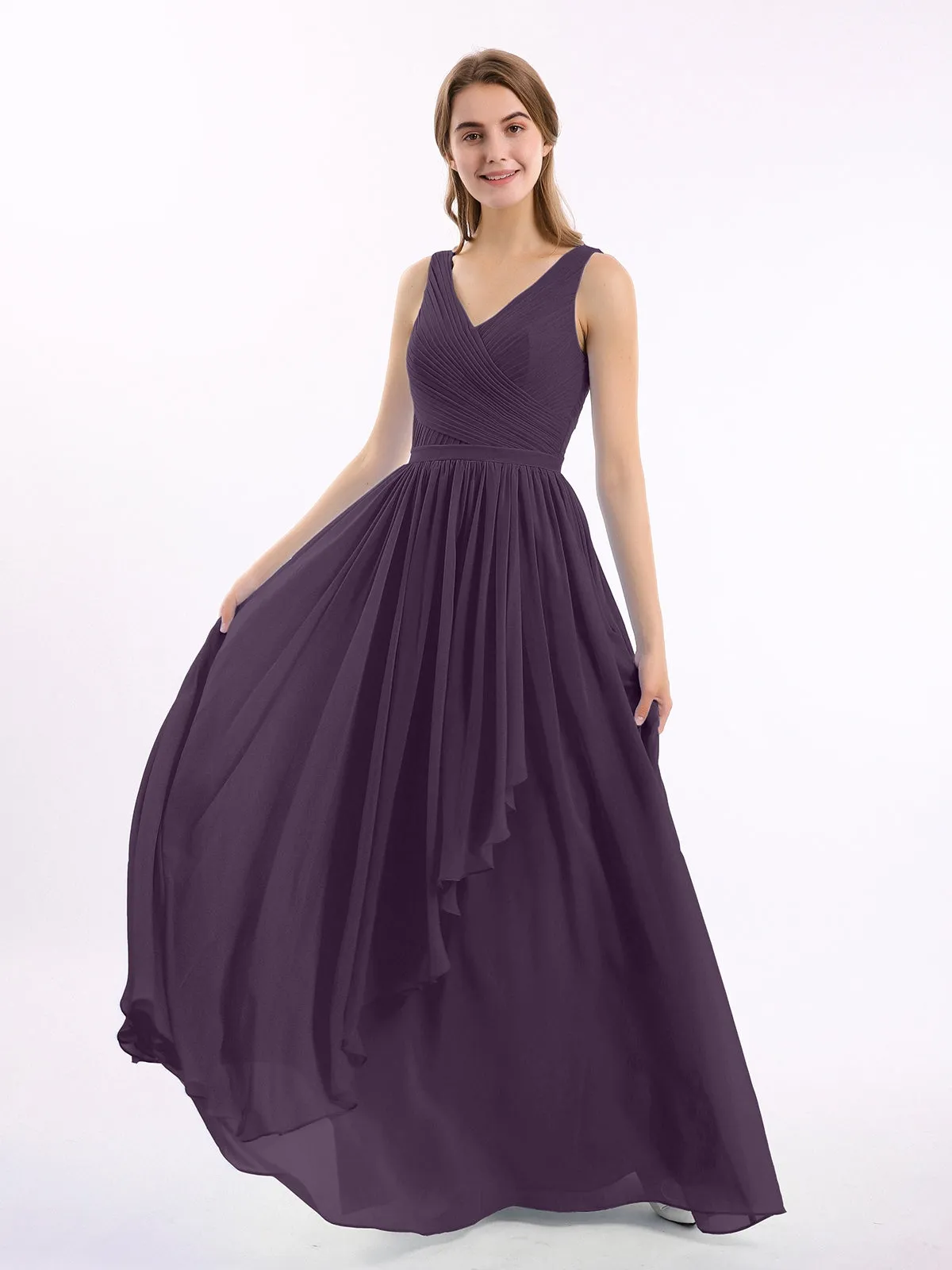 Chiffon V-neck Dress with Cascade Skirt Plum