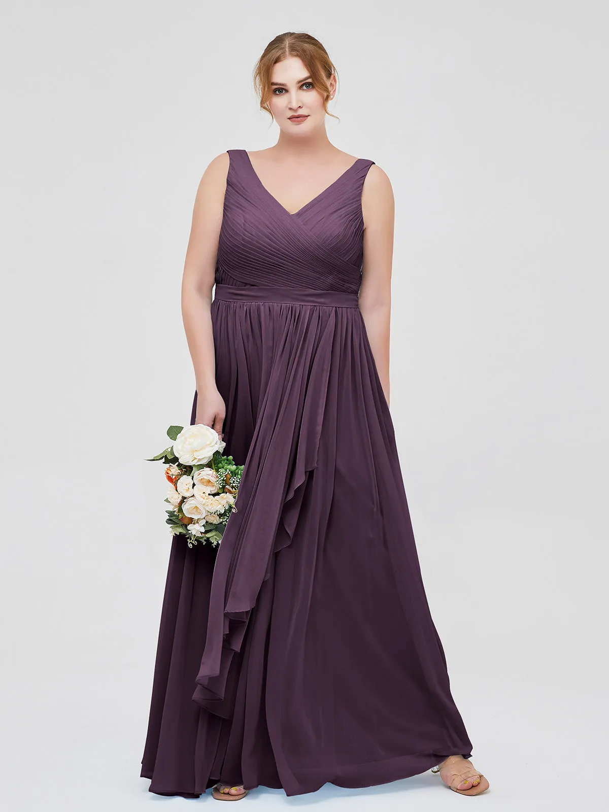 Chiffon V-neck Dress with Cascade Skirt Plum
