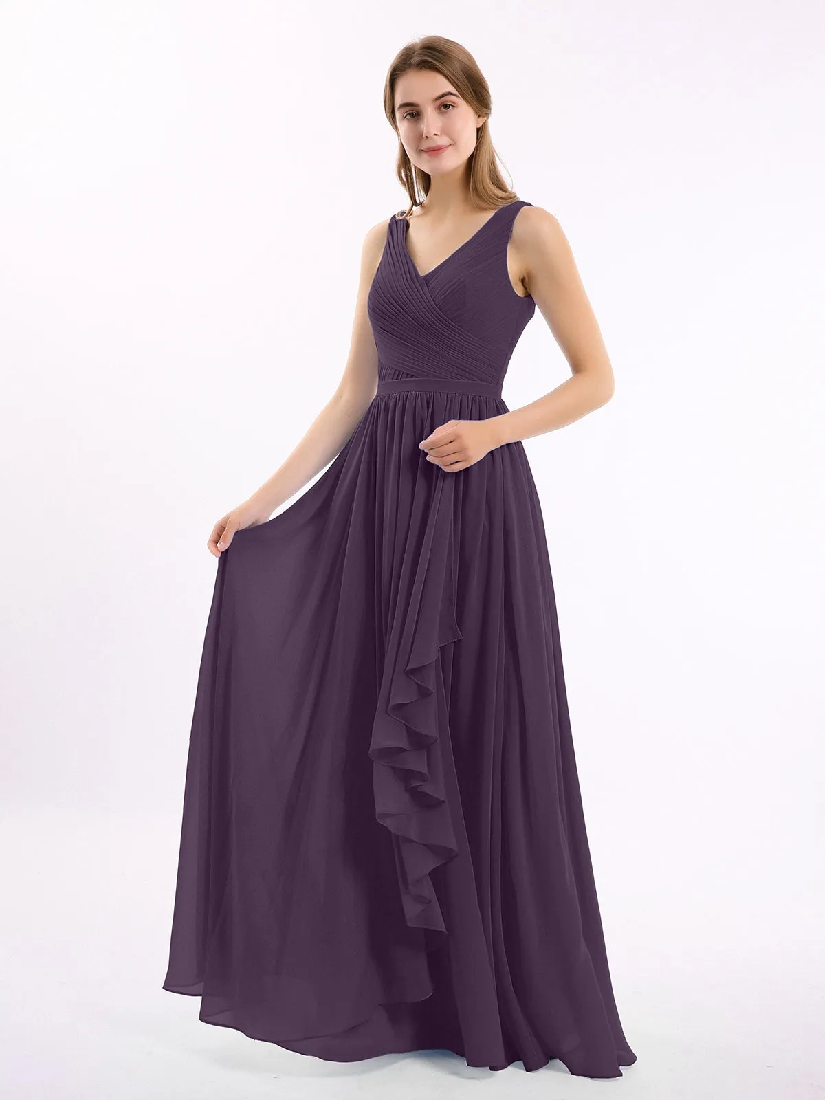 Chiffon V-neck Dress with Cascade Skirt Plum