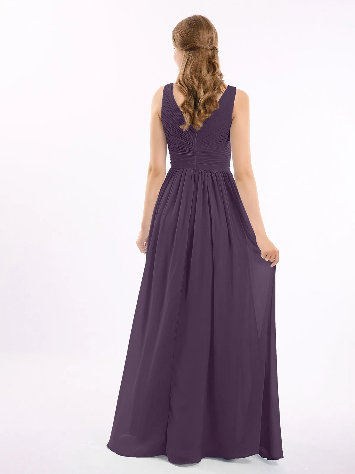 Chiffon V-neck Dress with Cascade Skirt Plum