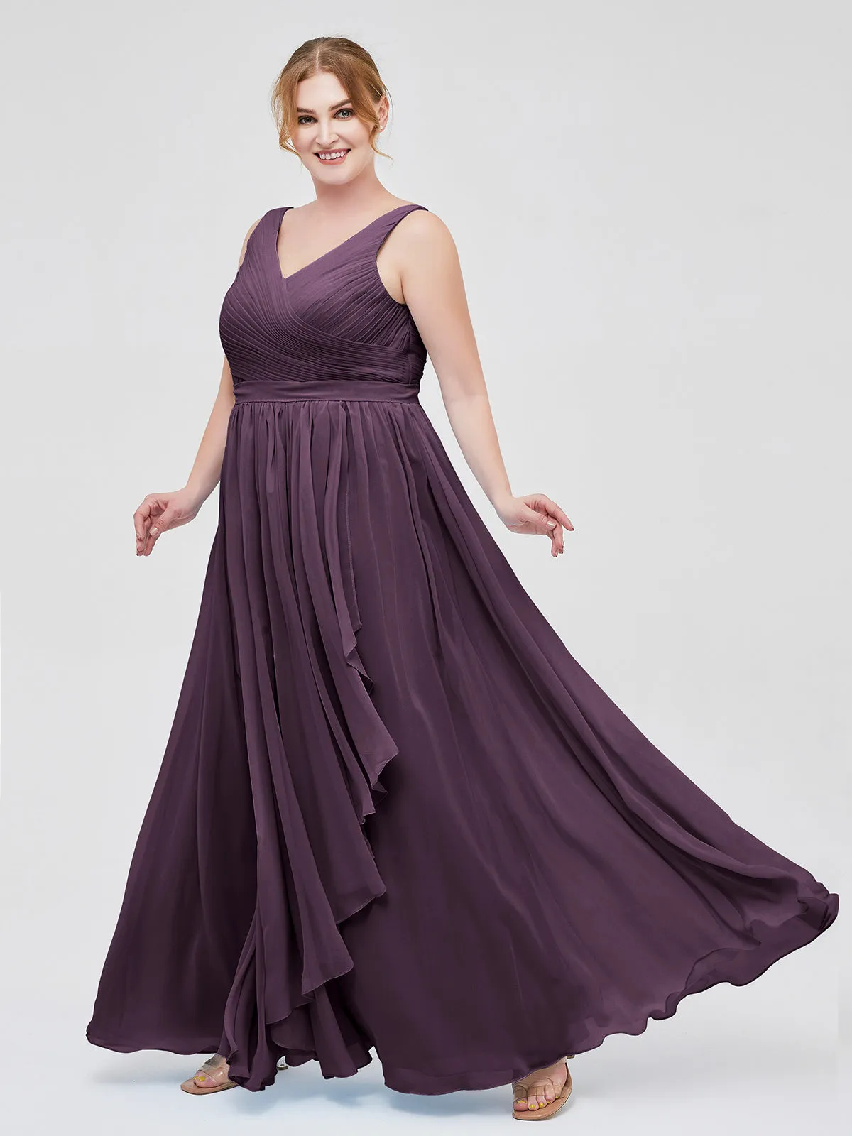 Chiffon V-neck Dress with Cascade Skirt Plum