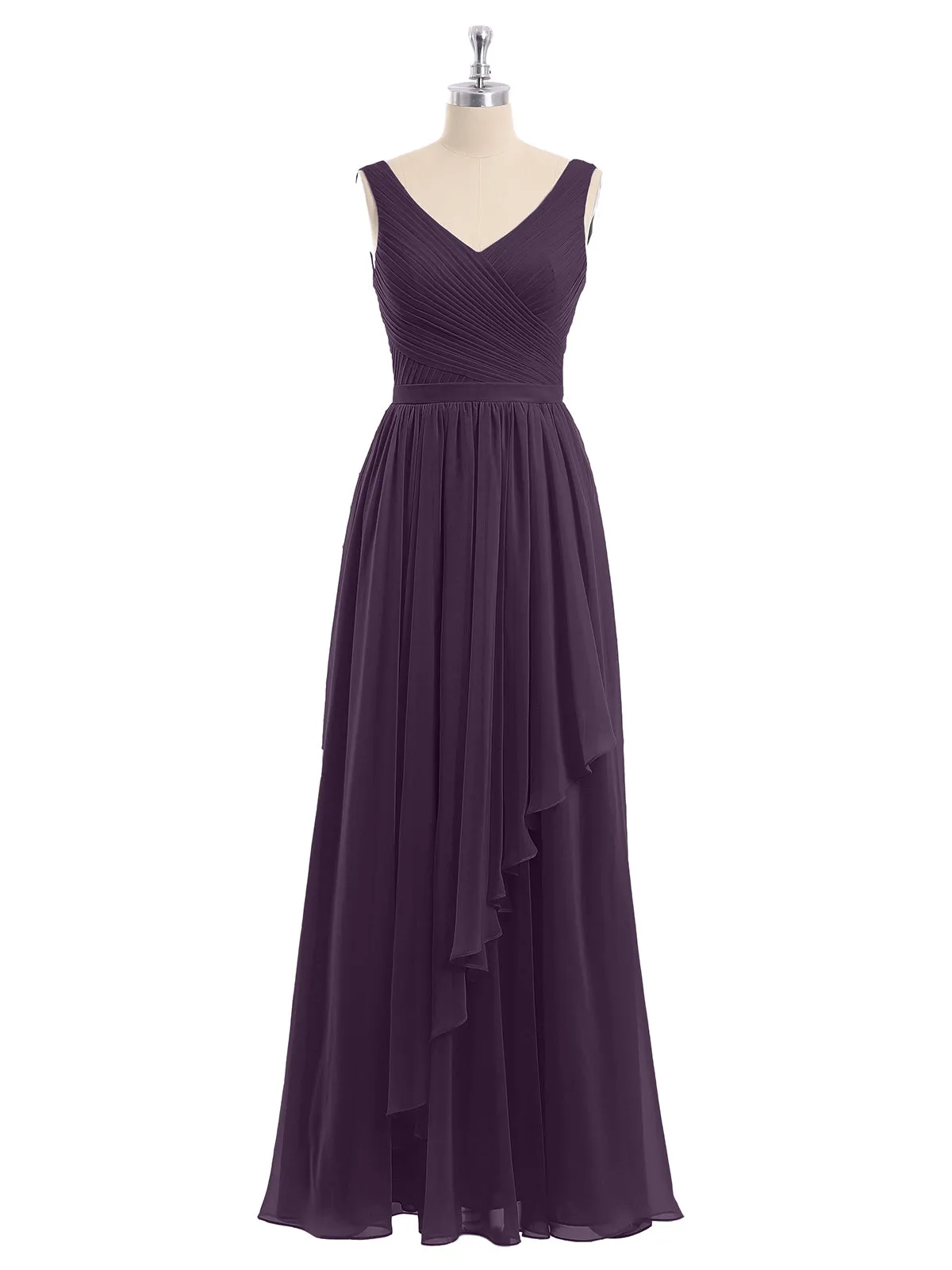 Chiffon V-neck Dress with Cascade Skirt Plum