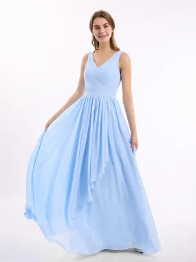 Chiffon V-neck Dress with Cascade Skirt Sky Blue