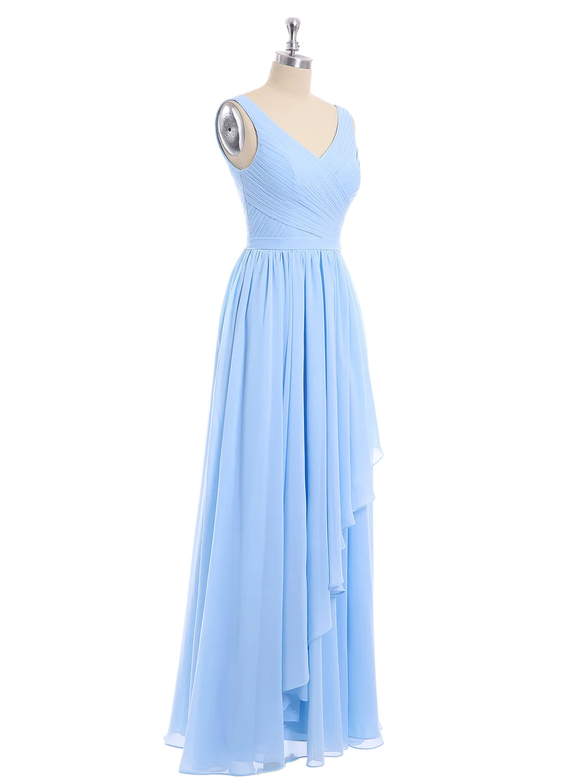 Chiffon V-neck Dress with Cascade Skirt Sky Blue