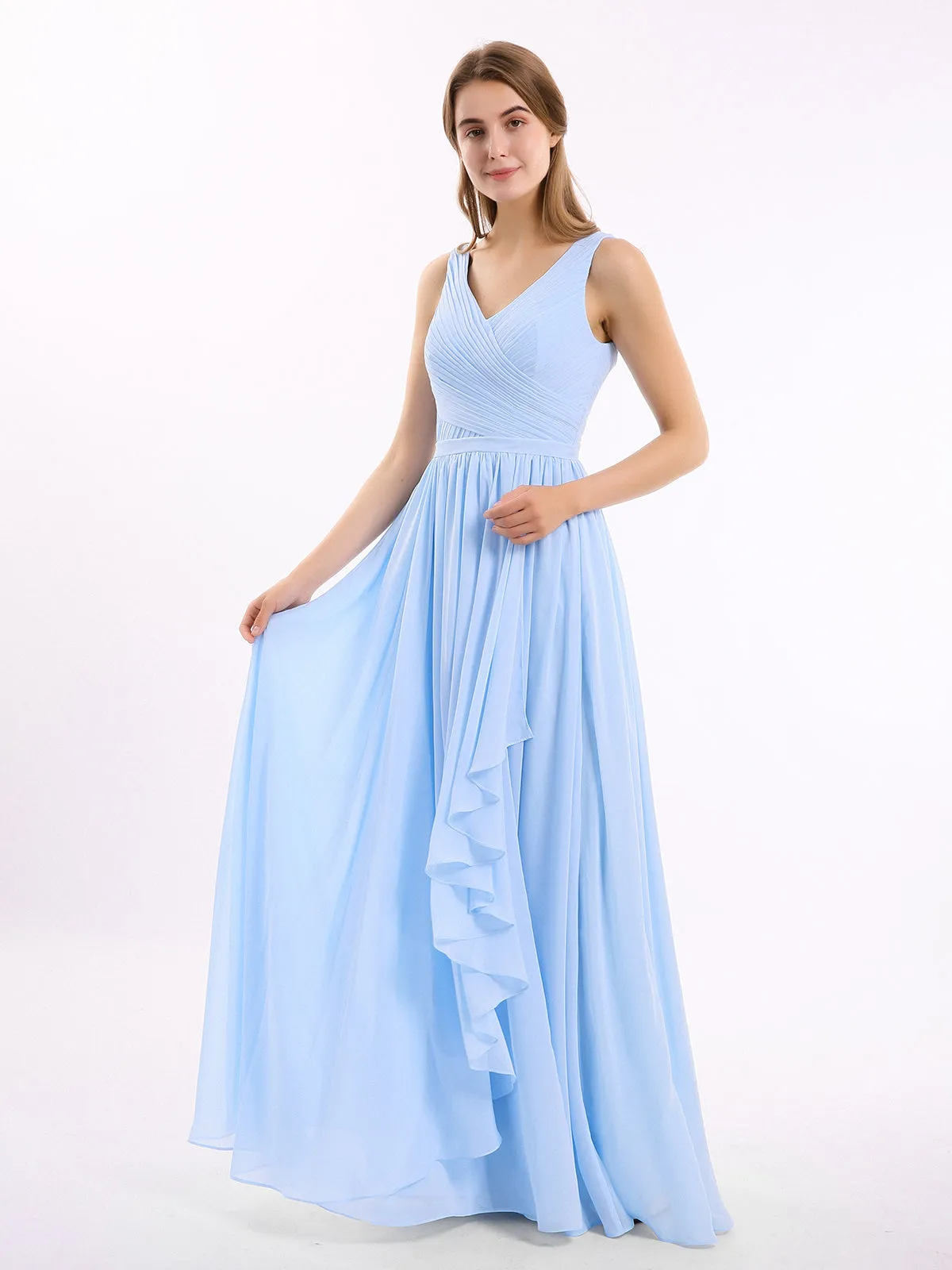 Chiffon V-neck Dress with Cascade Skirt Sky Blue