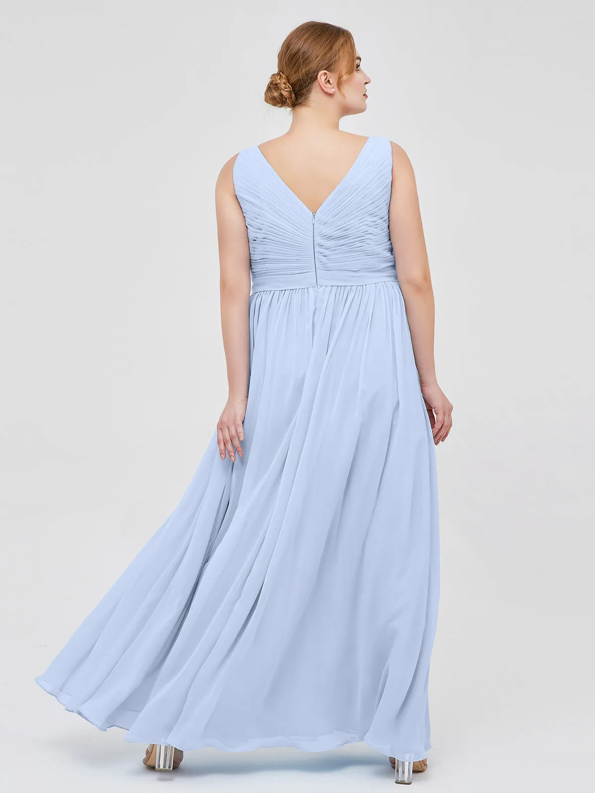 Chiffon V-neck Dress with Cascade Skirt Sky Blue
