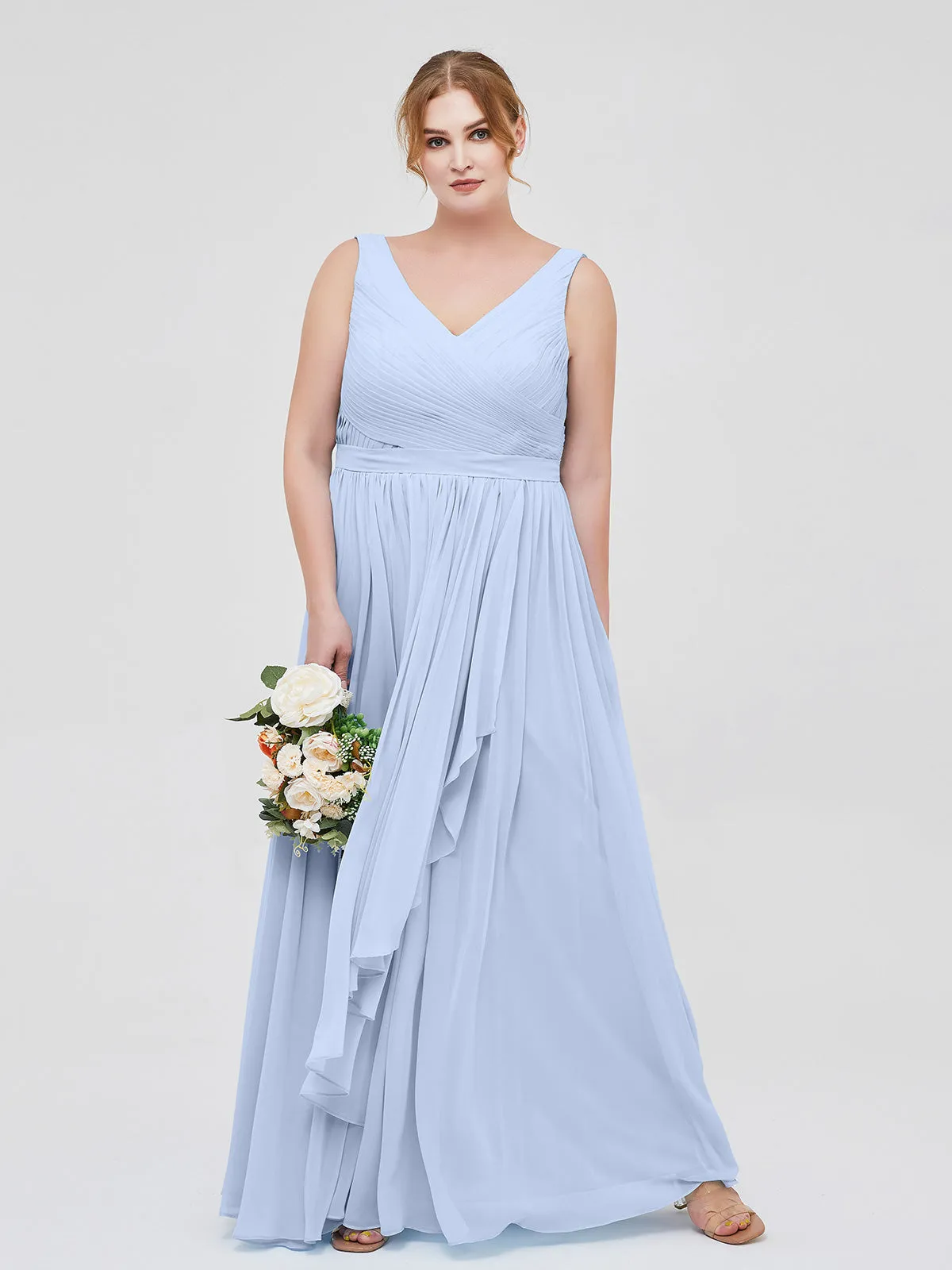 Chiffon V-neck Dress with Cascade Skirt Sky Blue