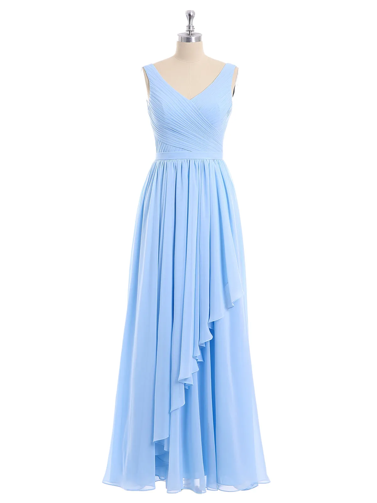 Chiffon V-neck Dress with Cascade Skirt Sky Blue