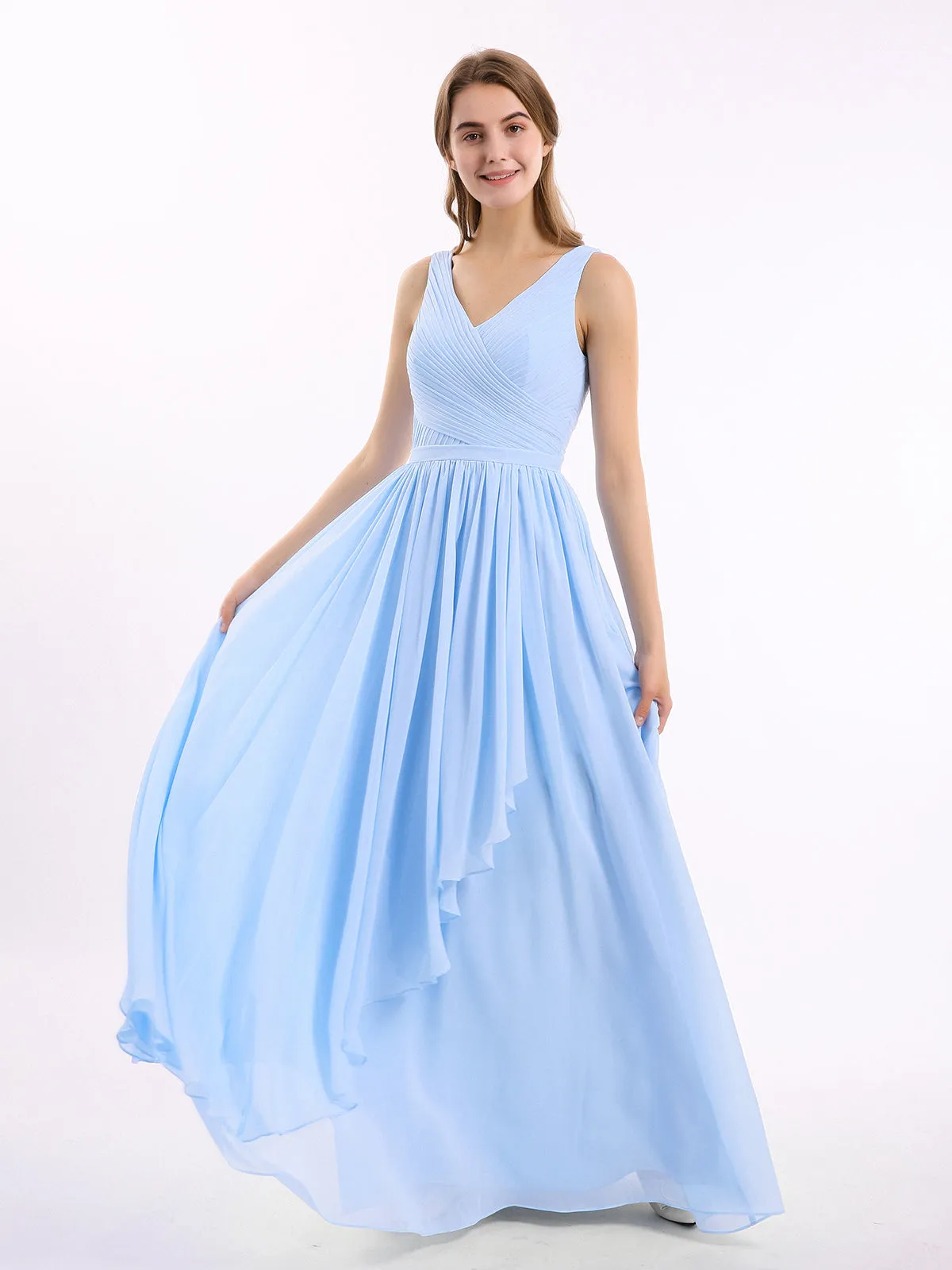 Chiffon V-neck Dress with Cascade Skirt Sky Blue