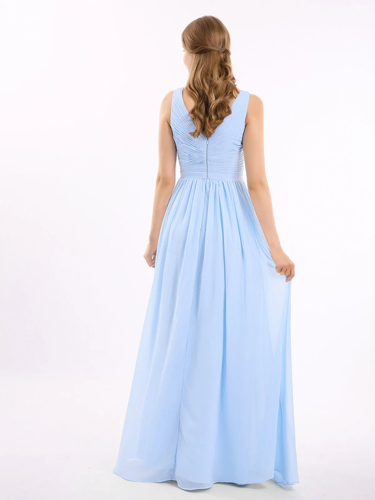 Chiffon V-neck Dress with Cascade Skirt Sky Blue