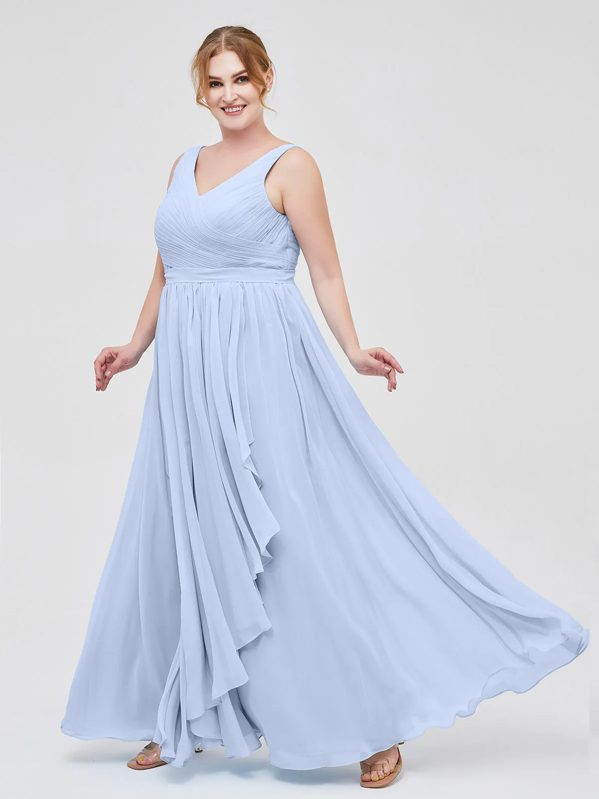 Chiffon V-neck Dress with Cascade Skirt Sky Blue