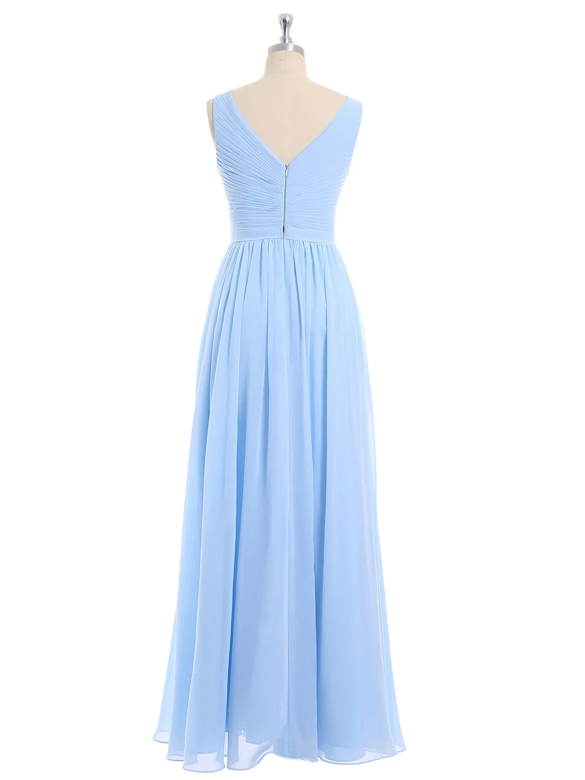 Chiffon V-neck Dress with Cascade Skirt Sky Blue