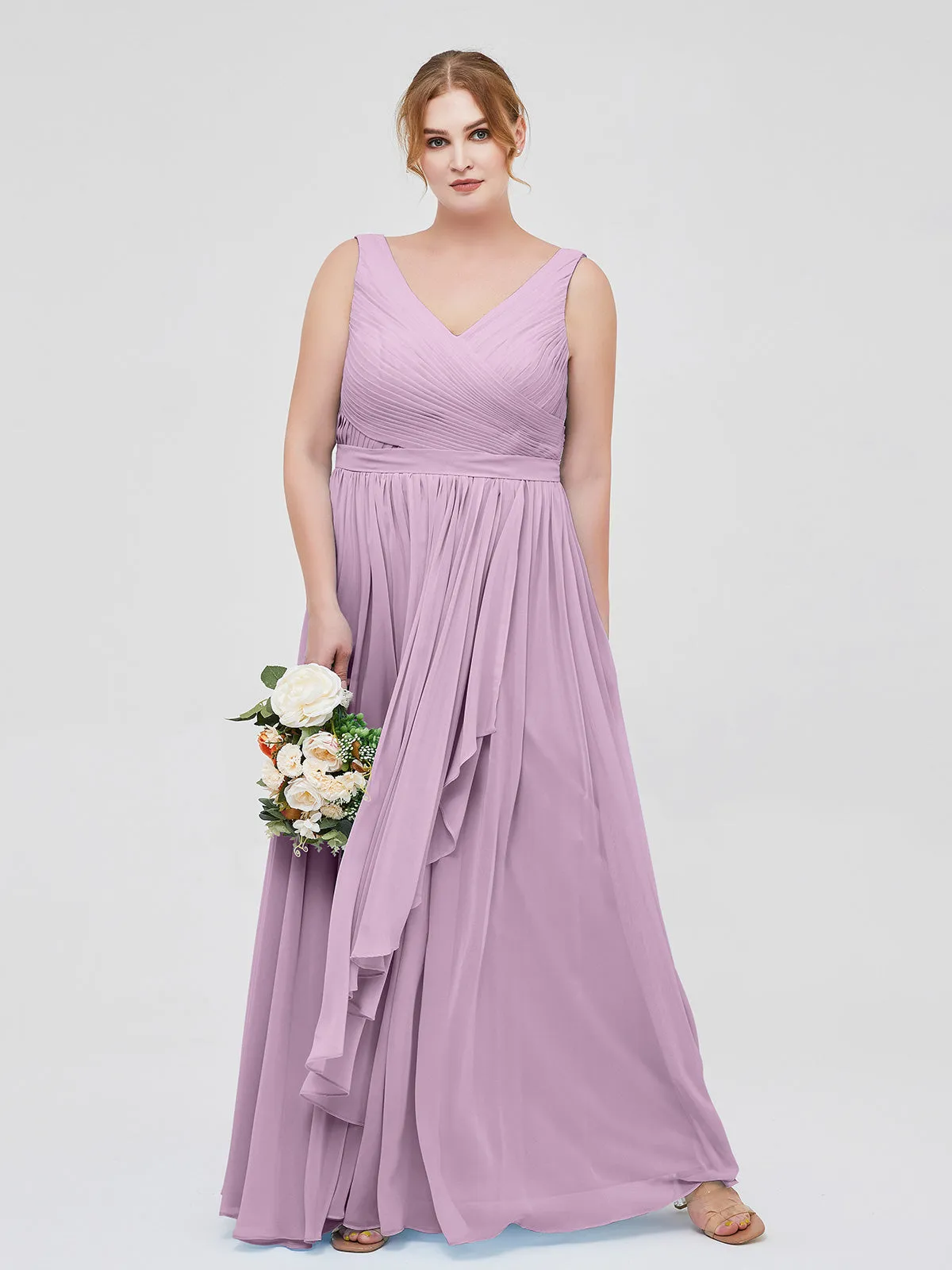 Chiffon V-neck Dress with Cascade Skirt Wisteria