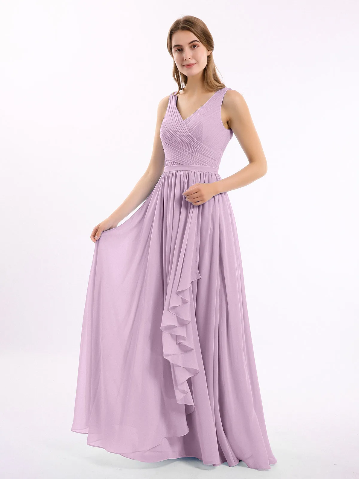 Chiffon V-neck Dress with Cascade Skirt Wisteria